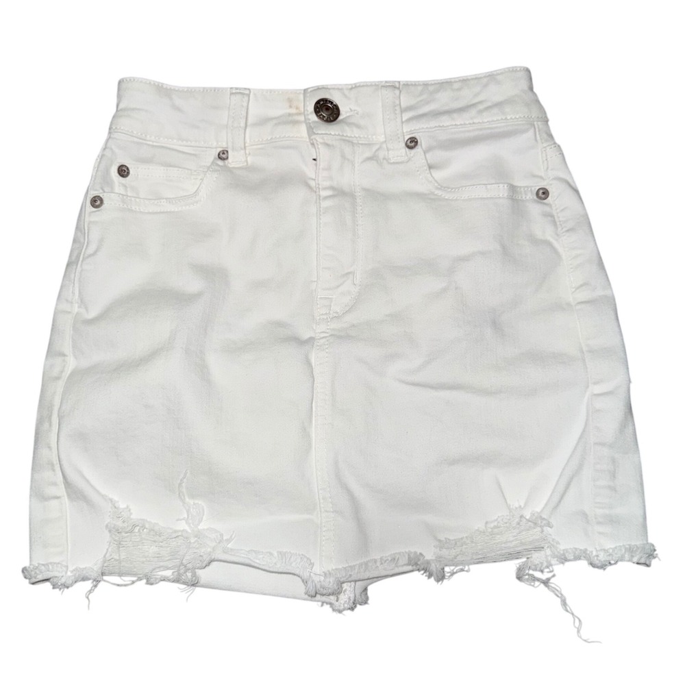 American Eagle White Hi Rise Mini Denim Skirt Distressed Raw Hem Size 2